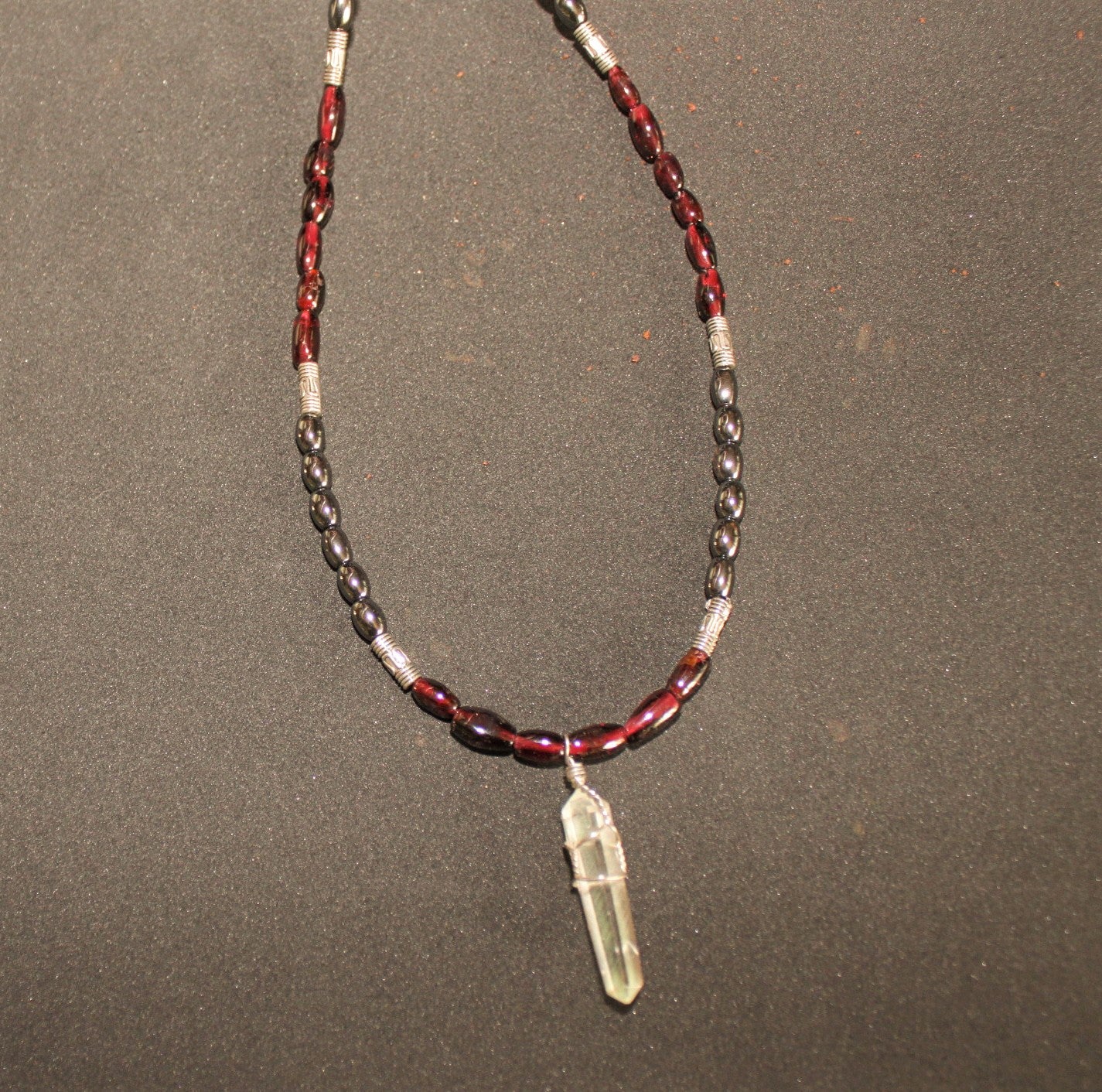 Garnet and Hematite Beads, Quartz Pendant