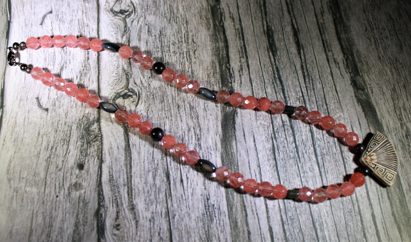 Cherry glass with ceramic fan necklace