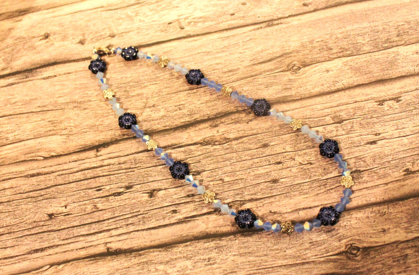 Czech Glass Blue Wild Rose Flower Necklace