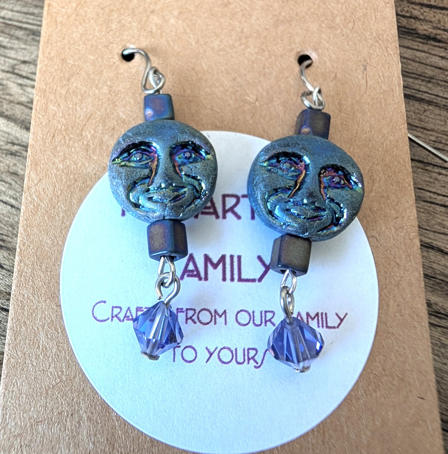 Czech Glass Dark Blue Man in the Moon Earrings