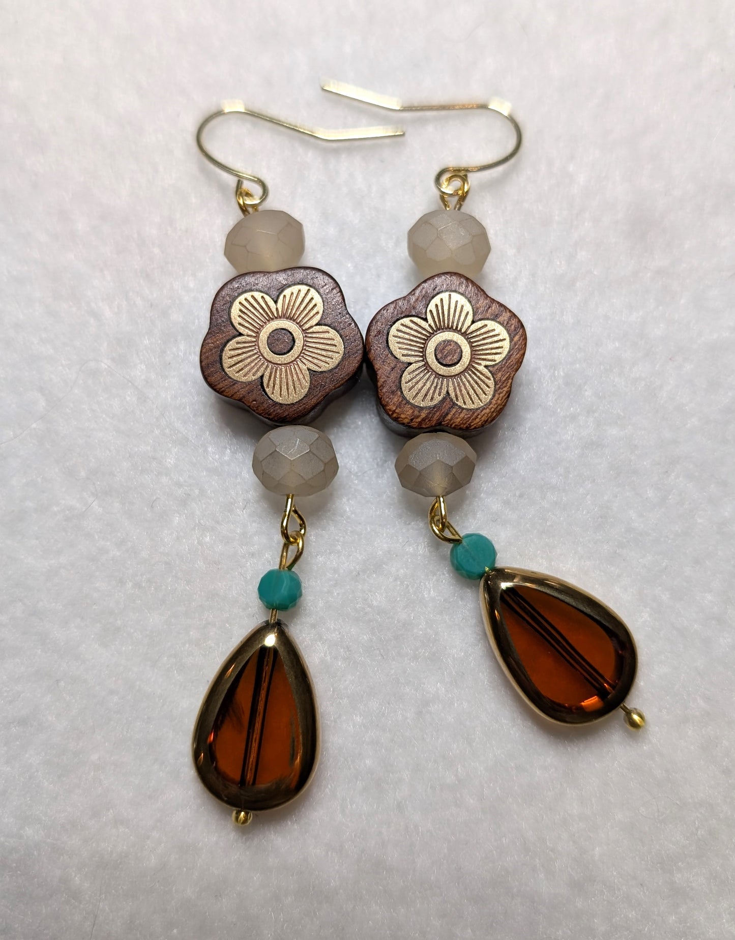 Wood Bead Flower with Amber Glass beads