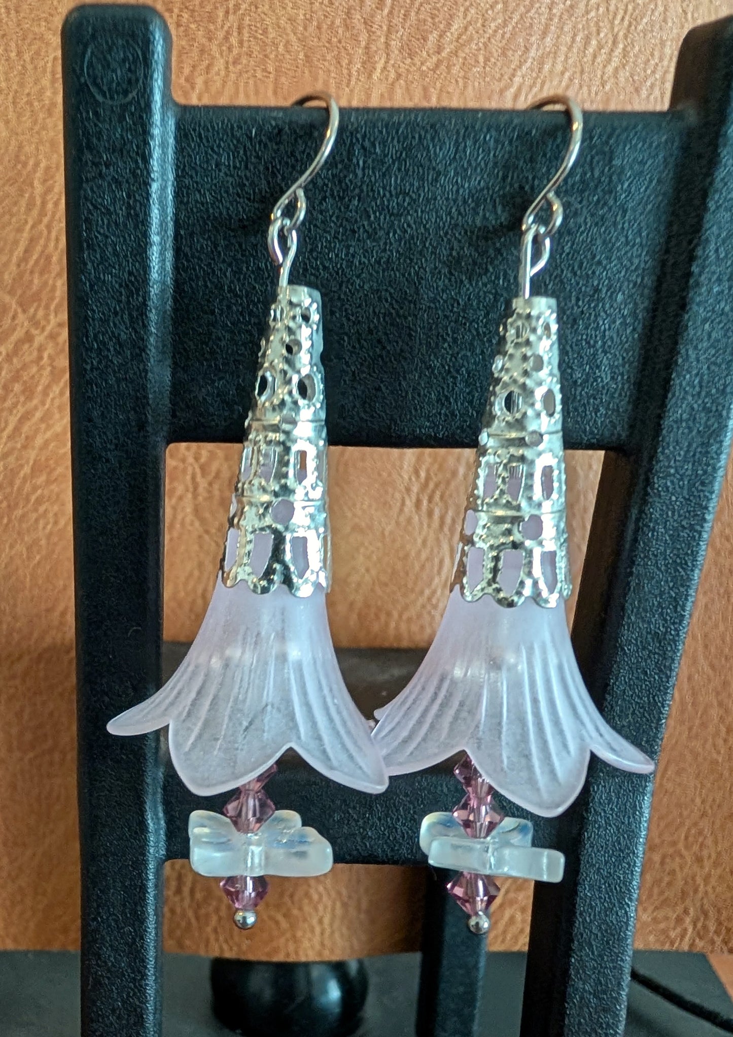 Pink glass flower with large silver bead cap. Glass Butterfly with Amethyst crystals