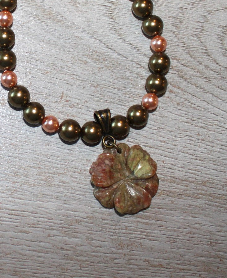 Crystal Pearls and Autumn Jasper Flower Pendant