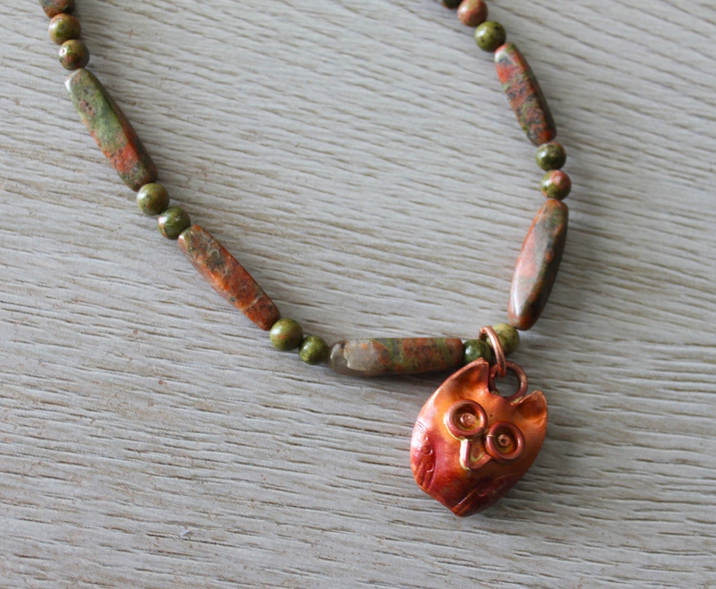 Unakite with Copper Owl Pendant