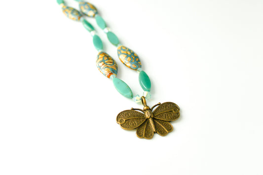 Czech Glass Turquoise and Ceramic Beads Bronze Moth Necklace