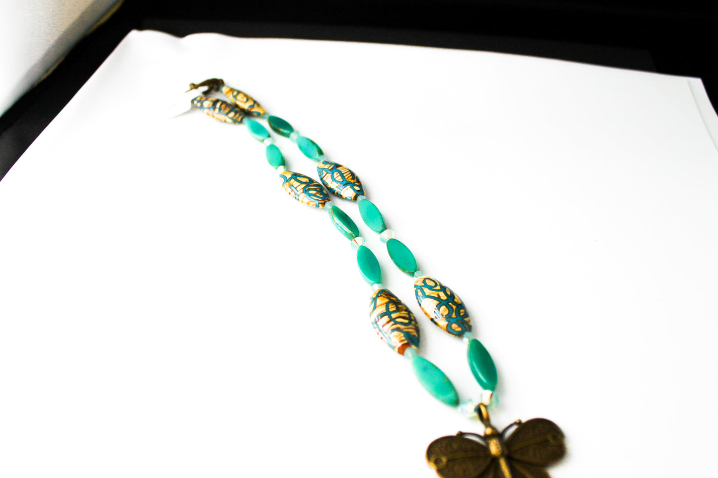 Czech Glass Turquoise and Ceramic Beads Bronze Moth Necklace