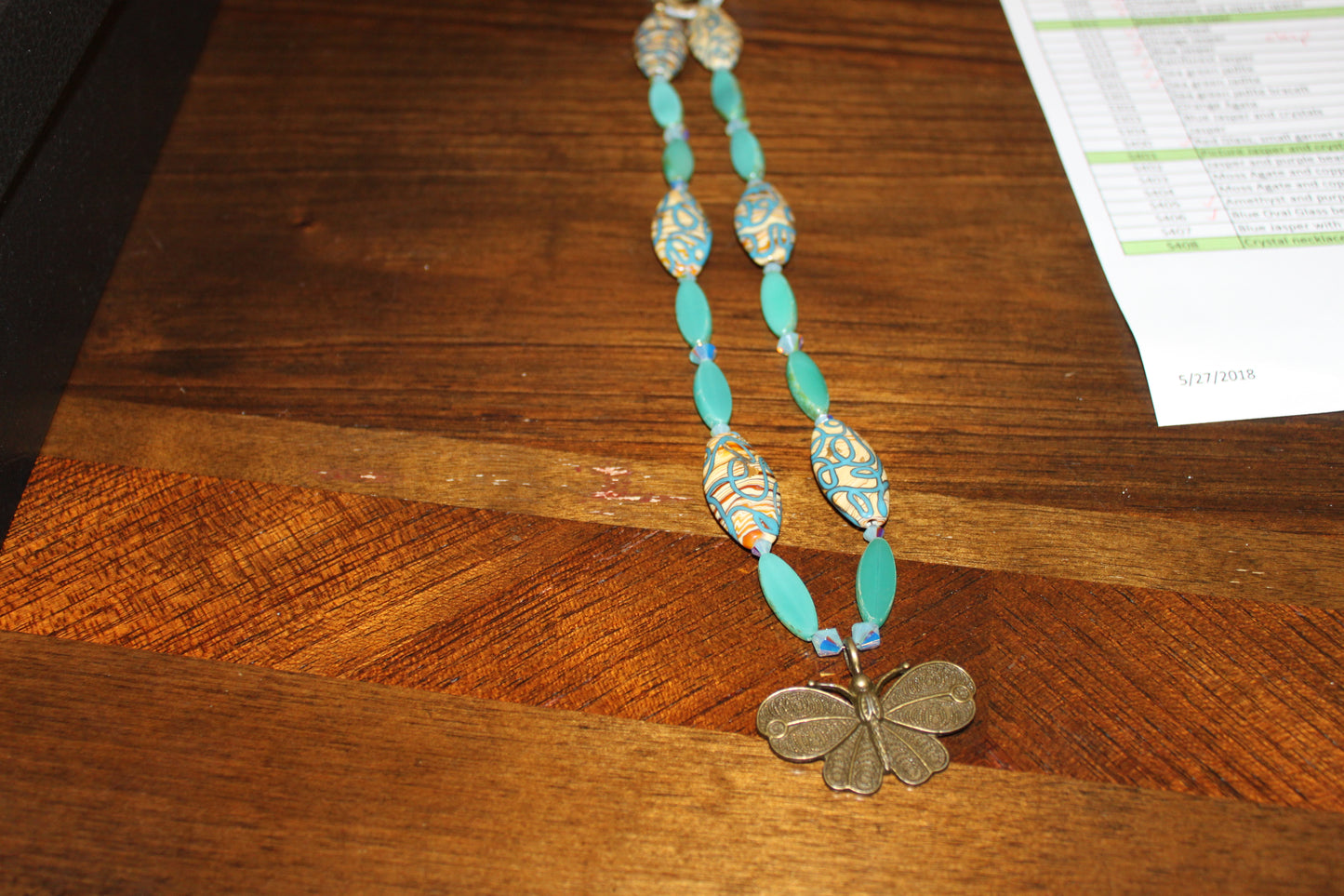 Czech Glass Turquoise and Ceramic Beads Bronze Moth Necklace