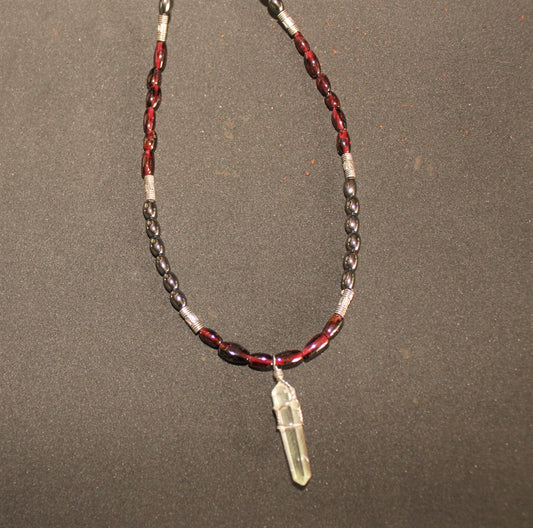 Garnet and Hematite Beads, Quartz Pendant
