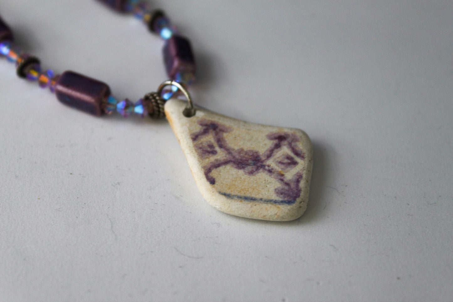 Purple Czech Glass with Pottery Pendant Necklace
