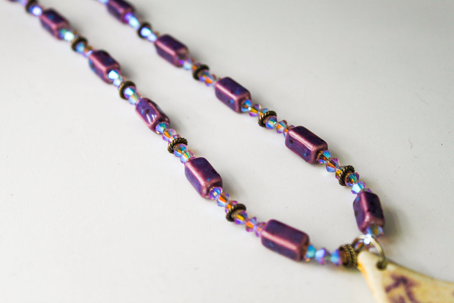 Purple Czech Glass with Pottery Pendant Necklace
