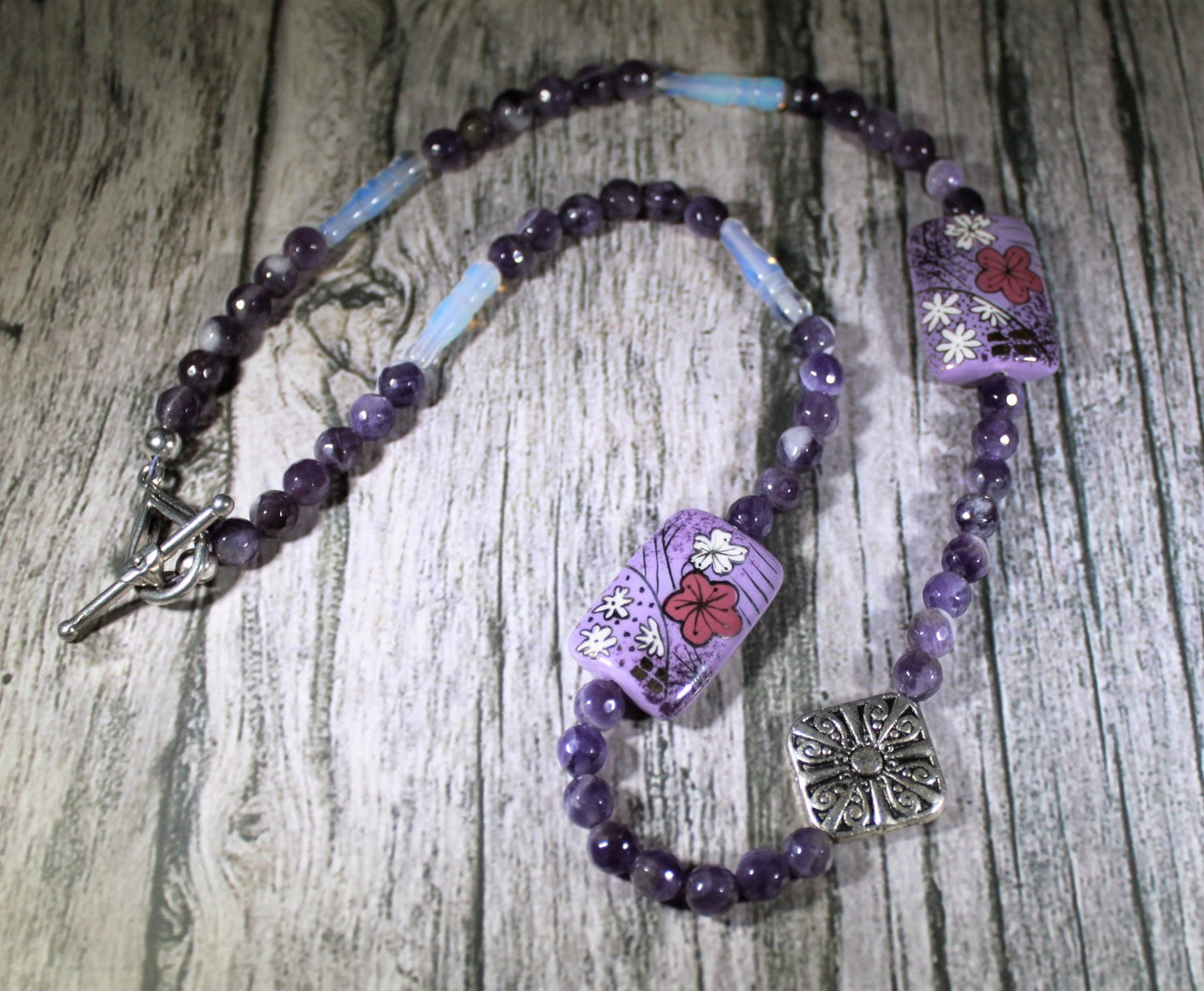 Teeth Amethyst and Hand Painted Tile Necklace