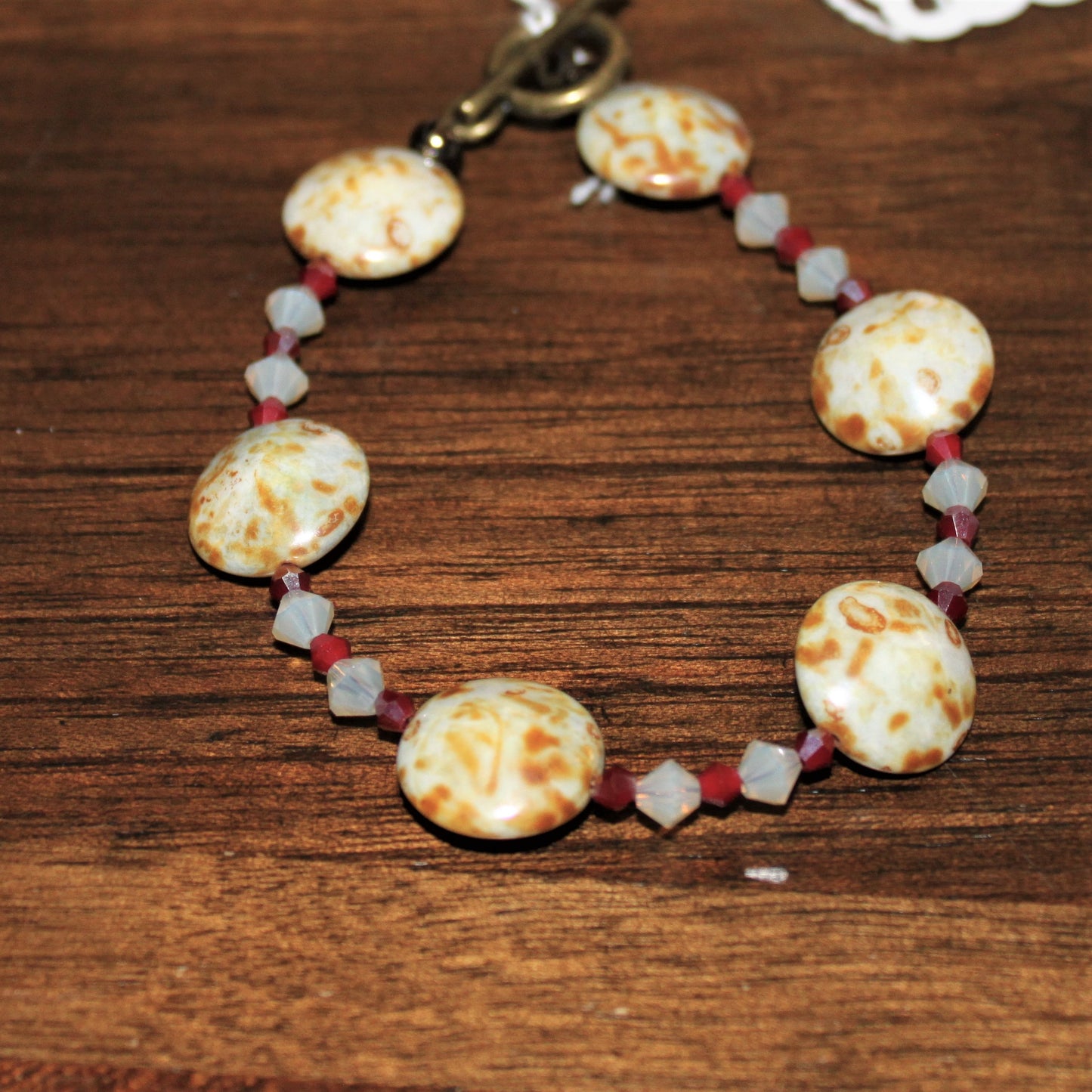 Czech Glass Puffed Coin Bracelet - Brown/Tan