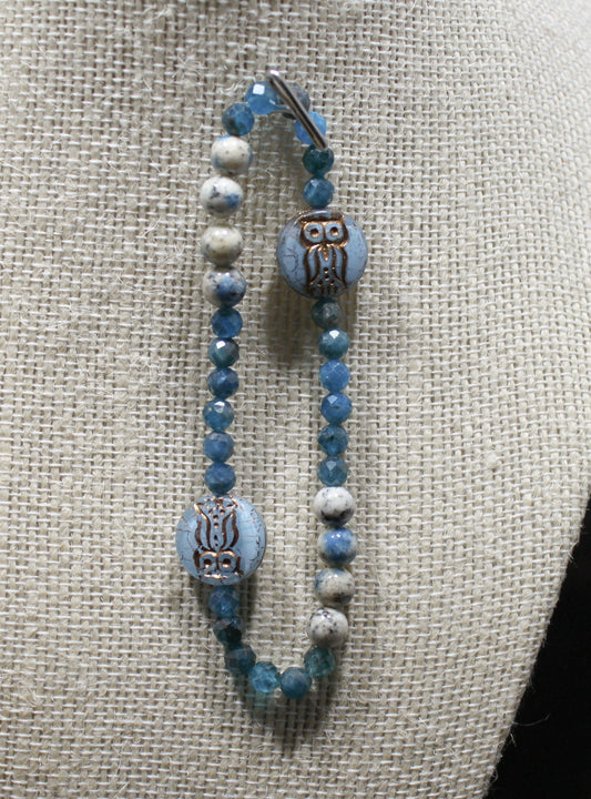 K2 and Azurite Beaded Bracelet with Czech Glass Owl Beads