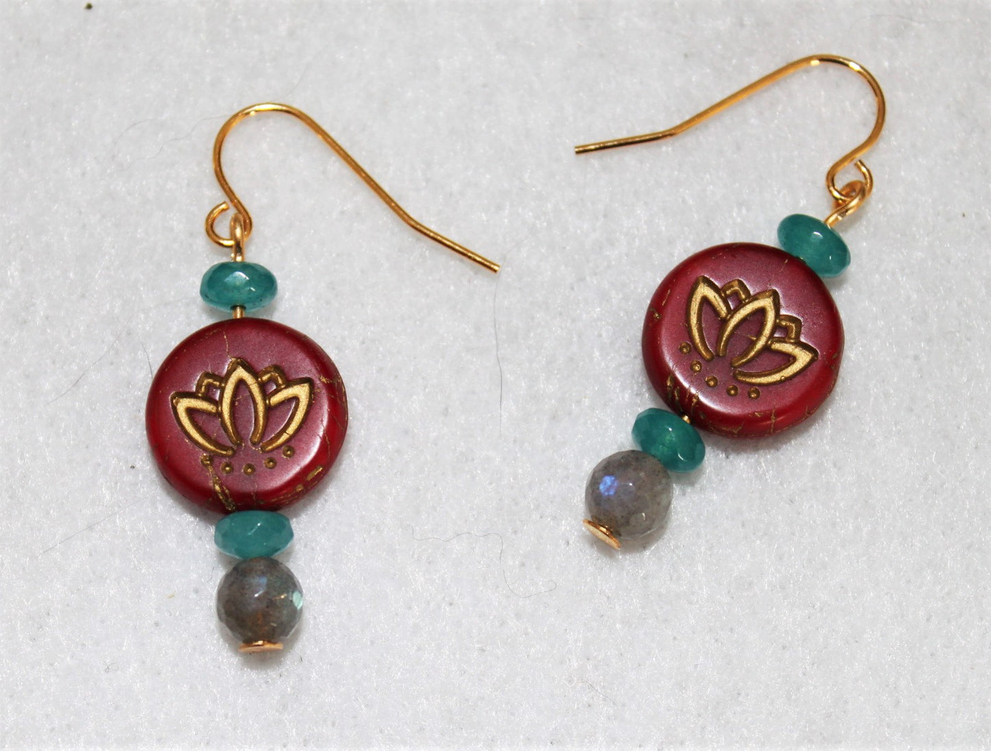Czech Glass Red/Gold Lotus and Labradorite Bead Earrings