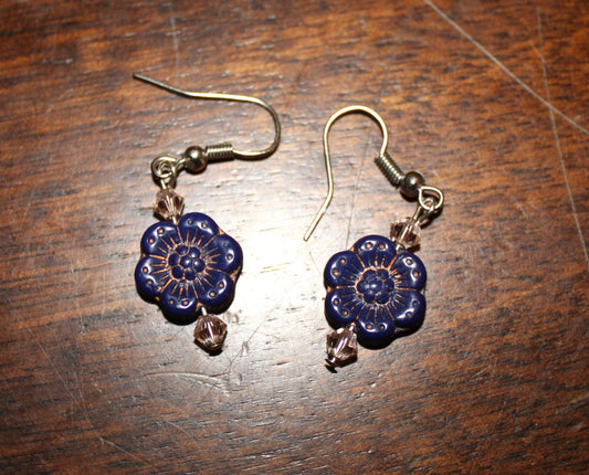 Czech Glass Blue Wild Rose Earrings