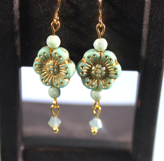 Czech Glass Turquoise Wild Rose Bead Earring