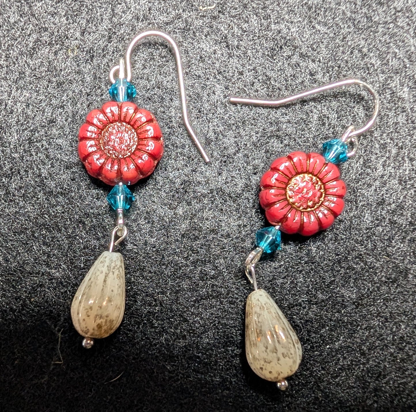 Czech Glass Red Daisy and White Melon Earrings