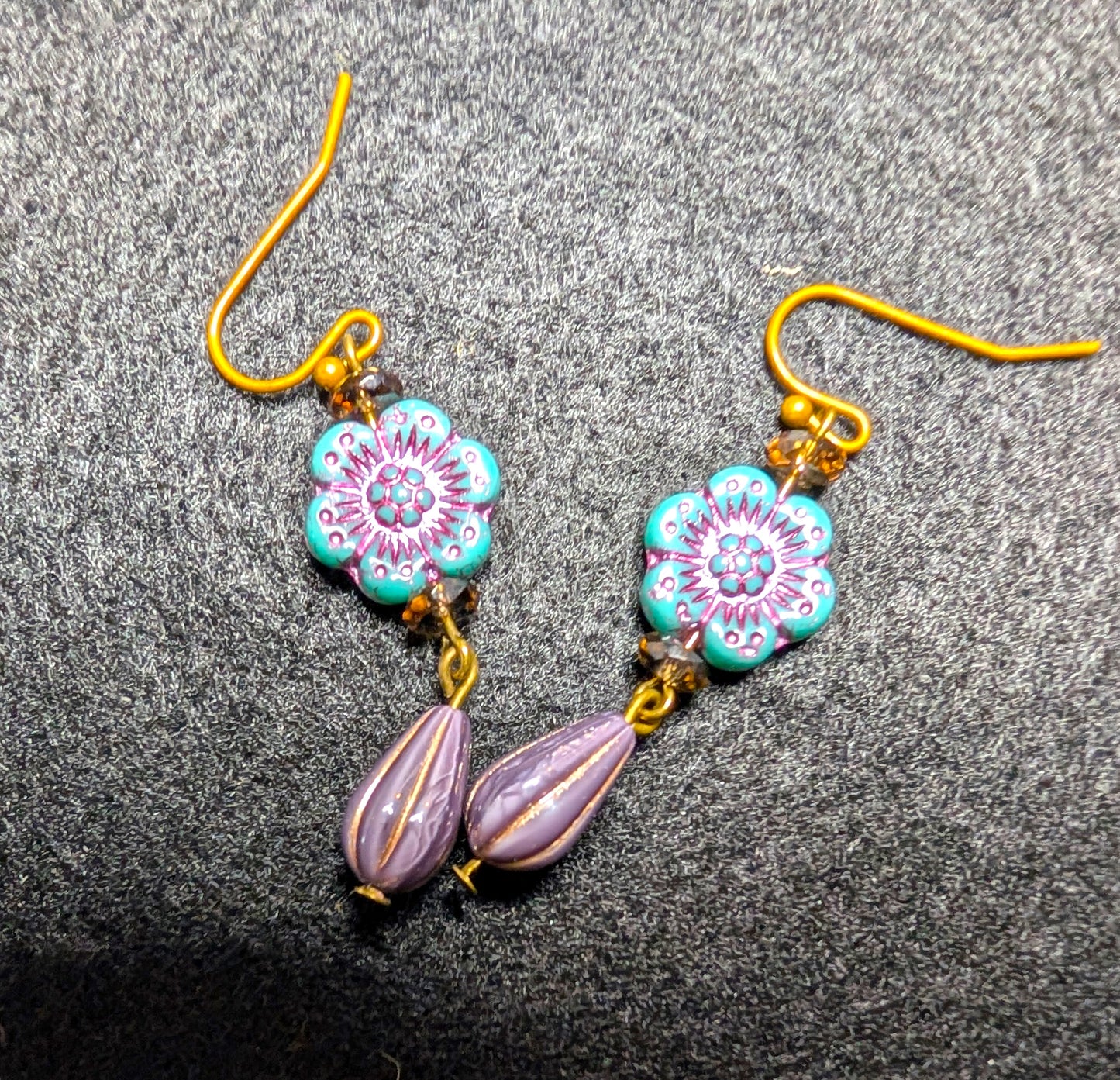 Czech Glass Turquoise and Pink Wild Rose Earrings