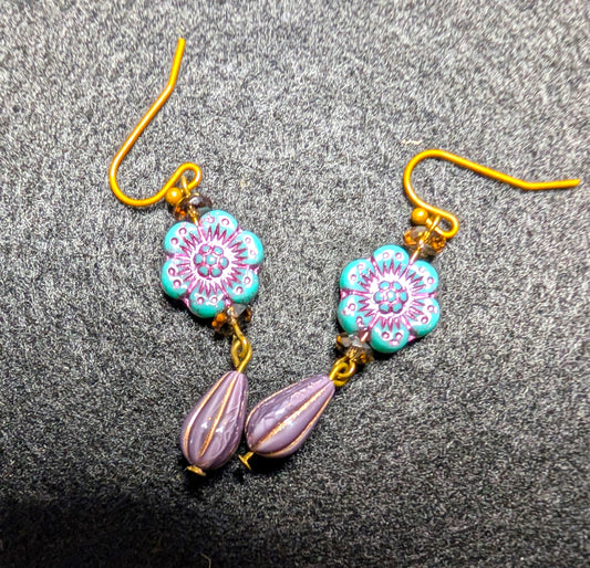 Czech Glass Turquoise and Pink Wild Rose Earrings