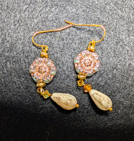 Czech Glass Aqua Translucent Wild Rose Earrings