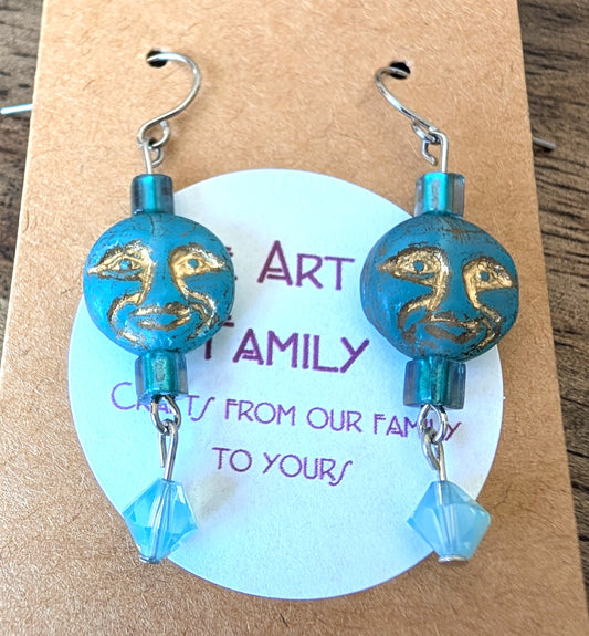 Czech Glass Turquoise Man in the Moon Earrings