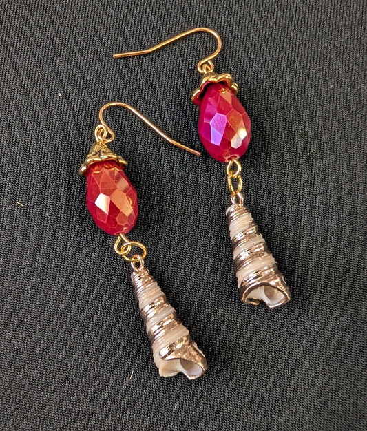 Ruby Faceted Tear Drop and Shell Earrings