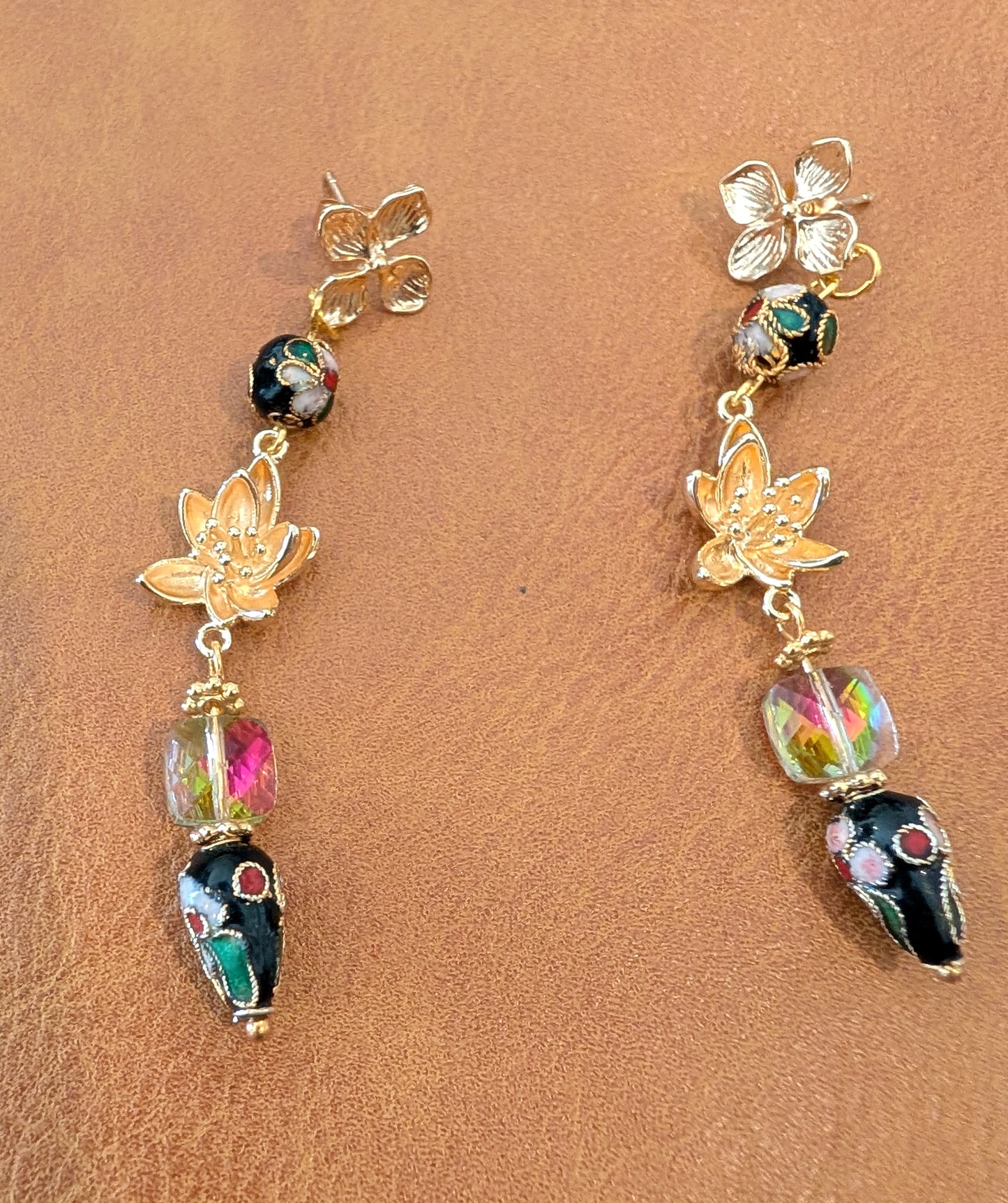Cloisonné Beads with Crystals and Gold Metal Flowers