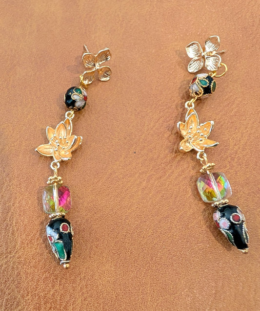 Cloisonné Beads with Crystals and Gold Metal Flowers