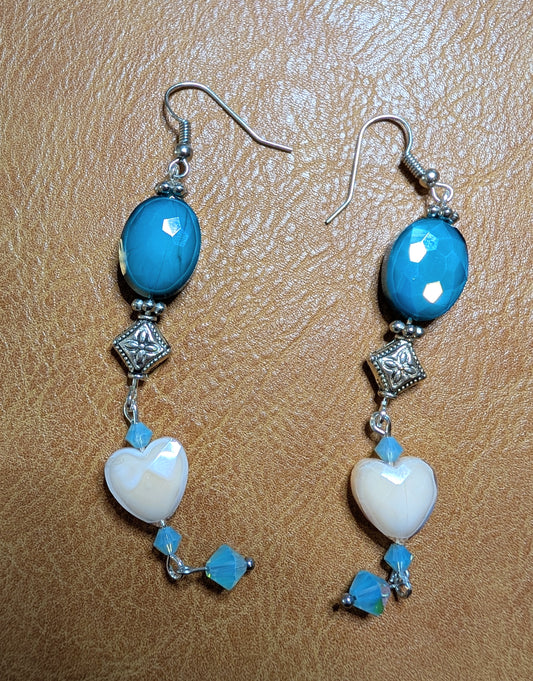 Glass Oval Blue bead with White Heart