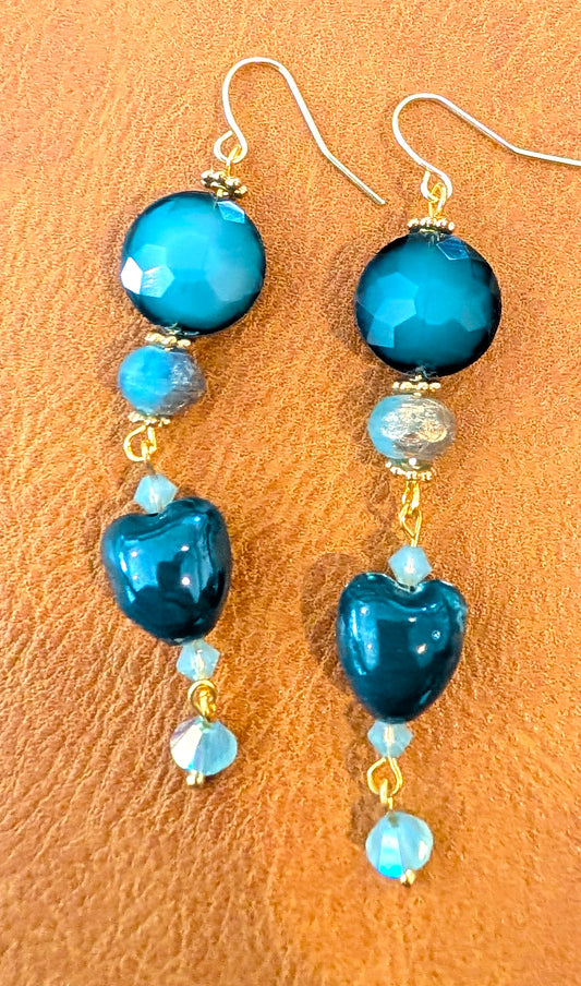 Glass Faceted Round Blue beads with Ceramic Blue Hearts