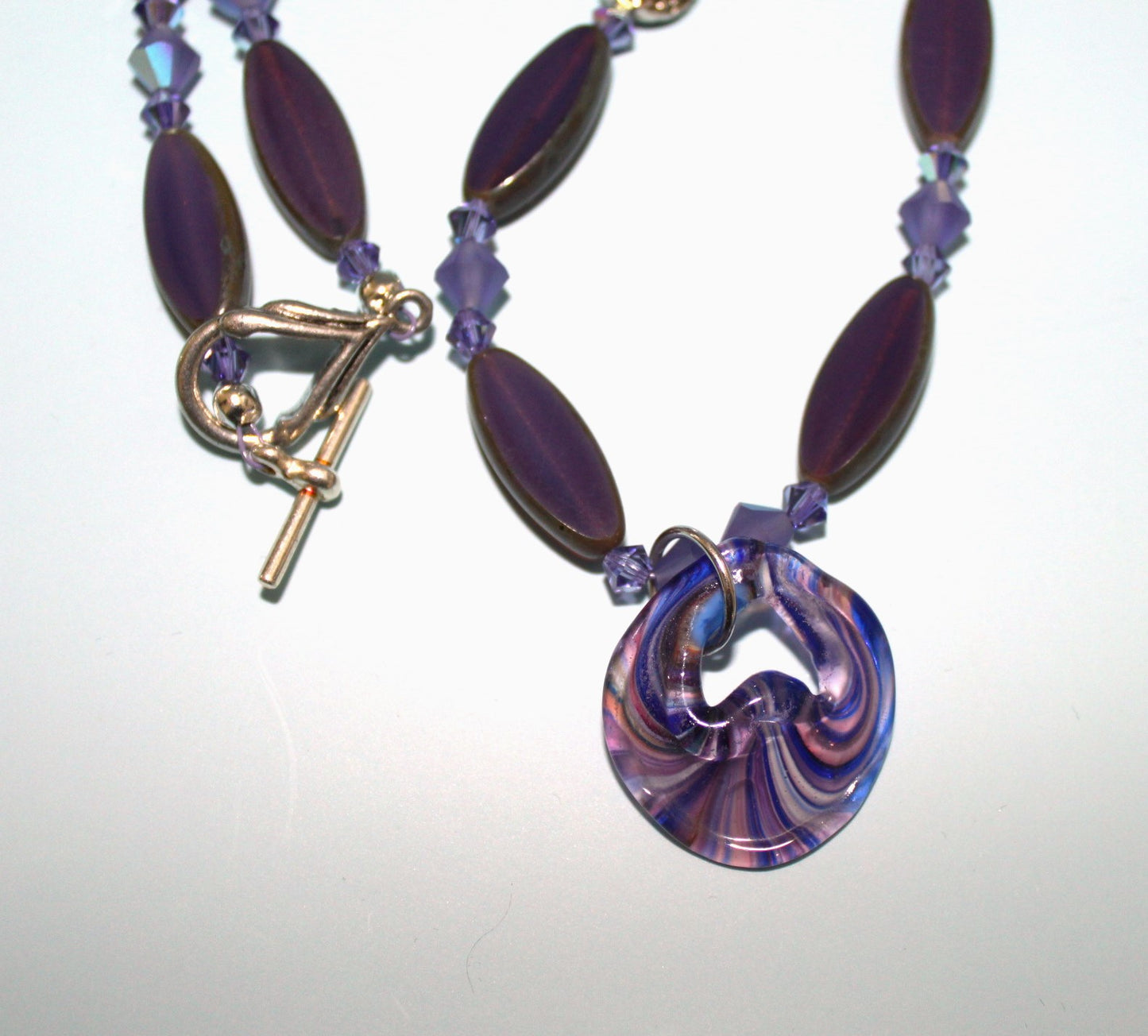 Czech Glass Purple Bead Necklace with Recycled glass pendant