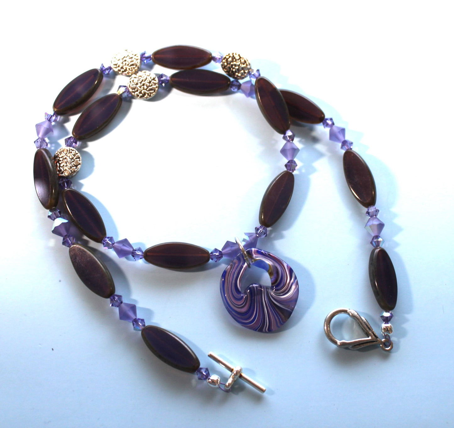 Czech Glass Purple Bead Necklace with Recycled glass pendant