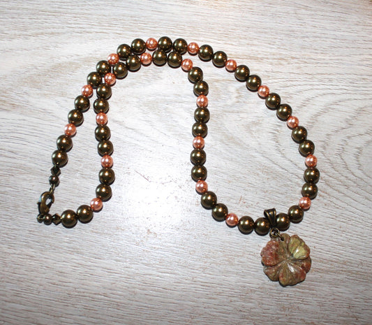 Crystal Pearls and Autumn Jasper Flower Pendant
