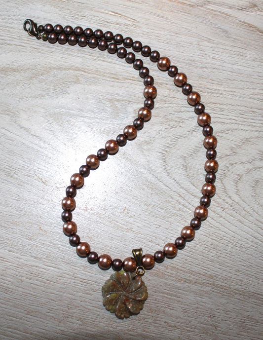 Crystal Pearls and Autumn Jasper Flower Pendant II